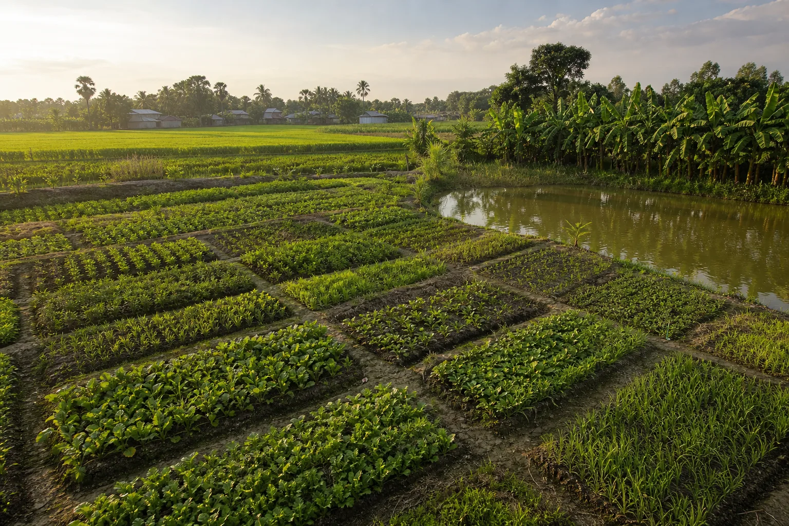 Rows of seed trial beds beside a pond