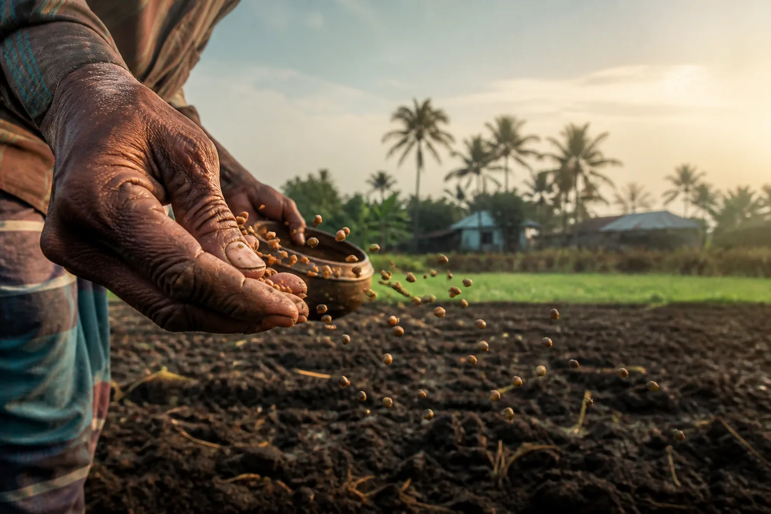 A farmer broadcasting seed over tilled soil at dawn